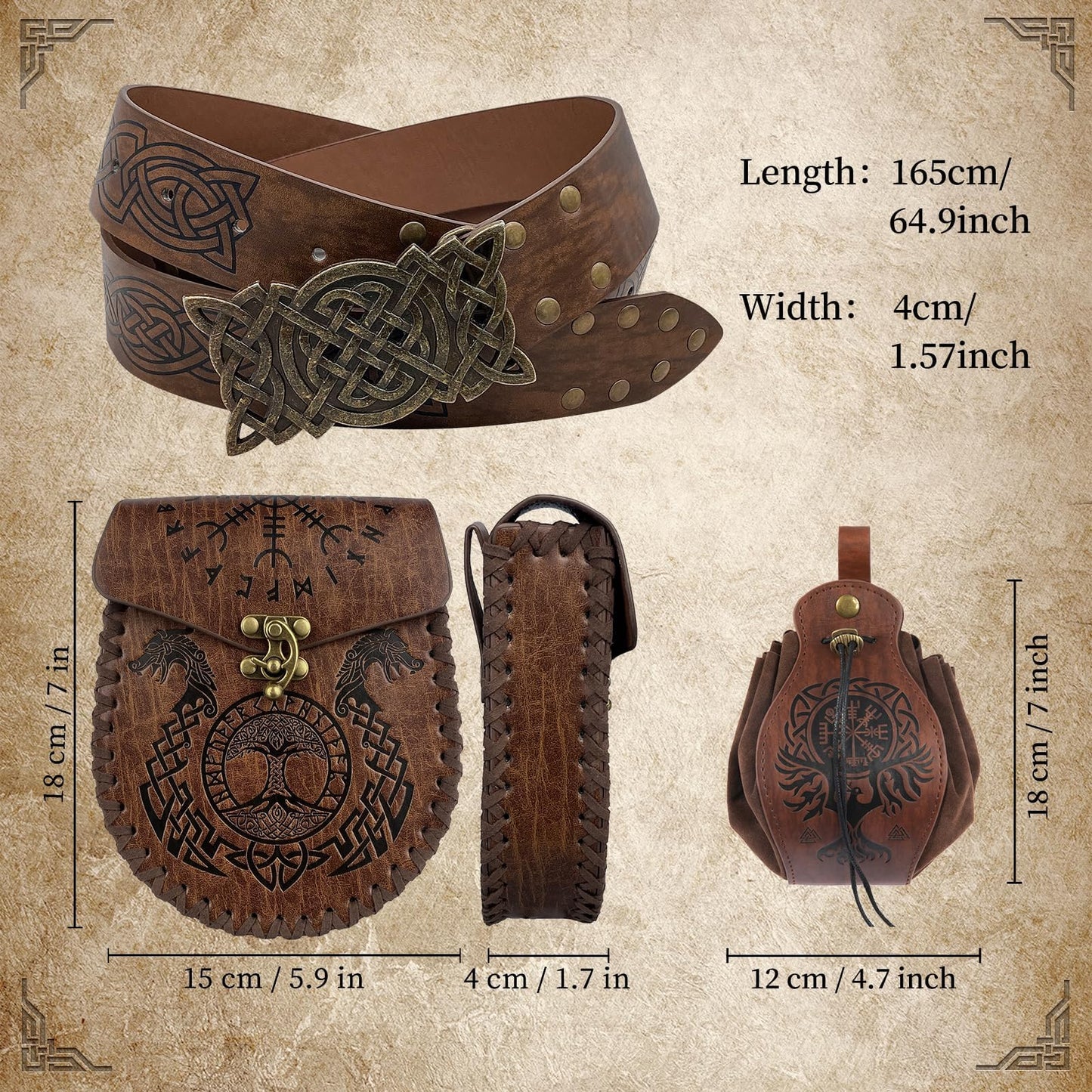 EpicCos 3PCs Medieval Embossed Belt Pouch Set, Viking Buckle Belt Portable Side Bag, Faux Leather Cosplay Accessories (Brown B)