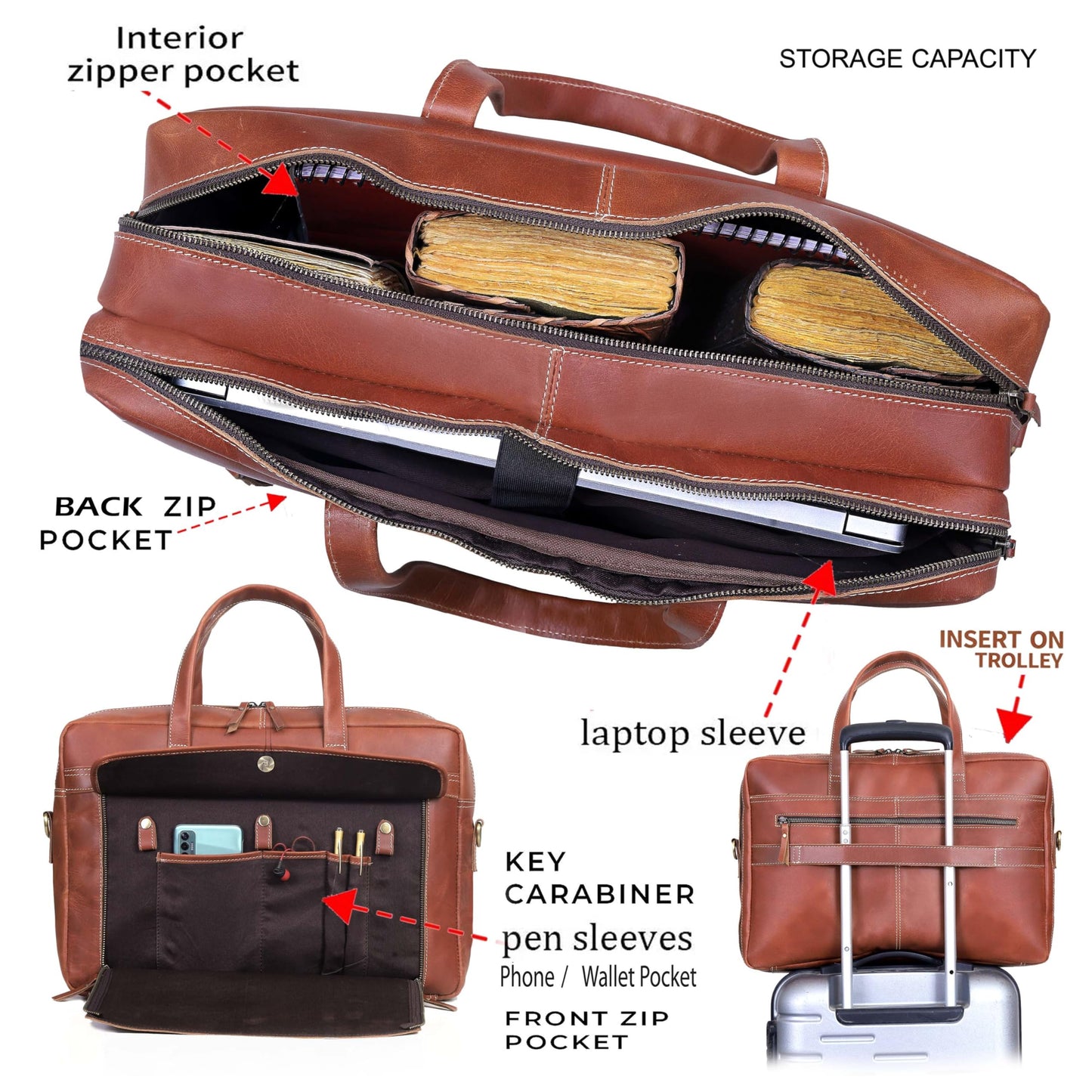 HLC 18 Inch Full Grain Leather Briefcase messenger shoulder bags for men and women (tan, 16 inch)