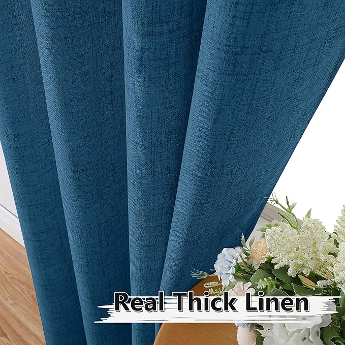 Tollpiz Linen Curtains Living Room Rod Pocket Semi Sheer Curtain Burlap Light Filtering Thick Linen Drapes for Bedroom, 38 x 63 inches Long, Classic Blue, Set of 2 Panels