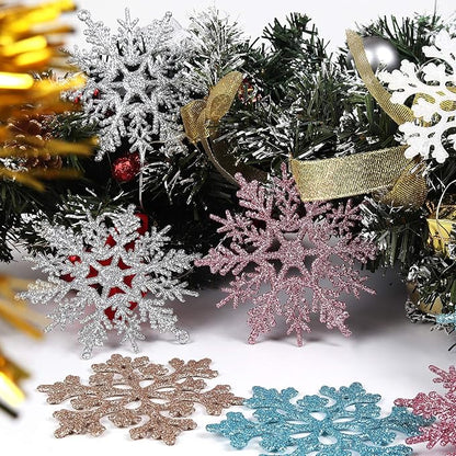 RECUTMS 40 Piece Glitter Snowflake Plastic Ornaments - Silver & White, 4 Inch Snowflake Hanging Decorations for Christmas Tree