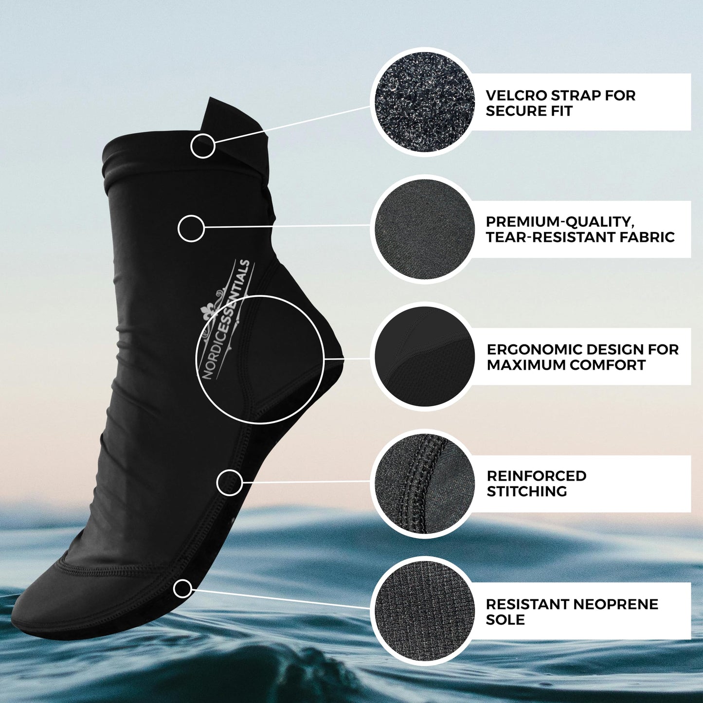 Nordic Essentials Aqua Beach Socks - 1 Pair - For Sand Soccer, Volleyball, Swim, Diving, Snorkel Equipment for Men, Women, Kids, Youth - Neoprene Lycra Waterproof Booties - Sun Protection S - Black
