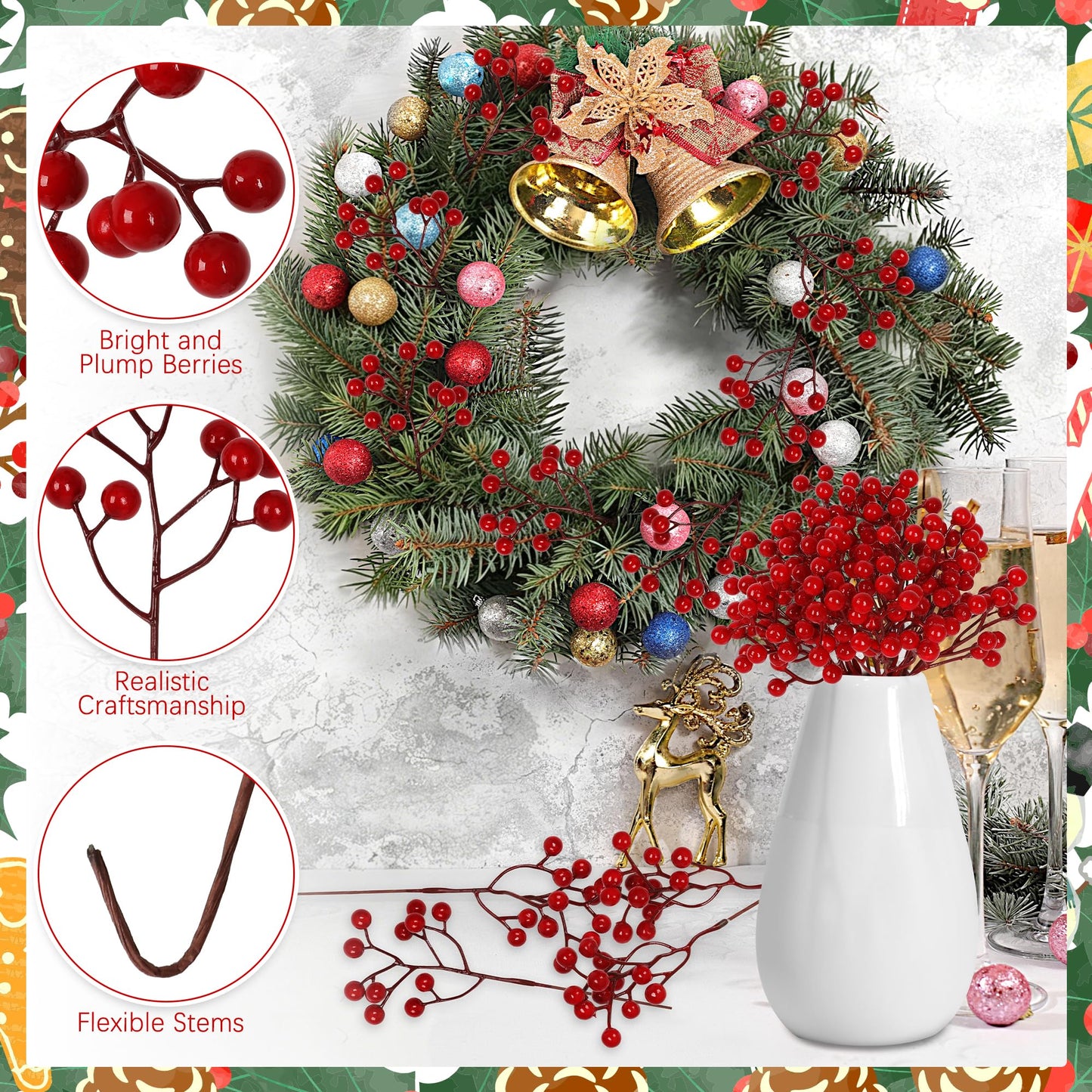 Vipay 24 PCS Christmas Tree Decorations, 7.08 in Red Berry Stem, Artificial Berry Picks Floral Pick for Wreath, Burgundy Holly Berries Branches Christmas Decor for Flowers DIY Garland