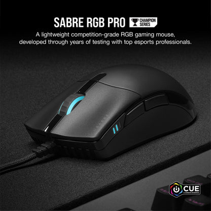 Corsair Sabre RGB PRO Champion Series FPS/MOBA Gaming Mouse - Ergonomic Shape for Esports and Competitive Play - Ultra-Lightweight 74g - Flexible Paracord Cable