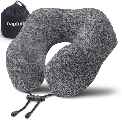 napfun Neck Pillow for Traveling, Upgraded Travel Neck Pillow for Airplane 100% Pure Memory Foam Travel Pillow for Flight Headrest Sleep, Portable Plane Accessories, Light Grey