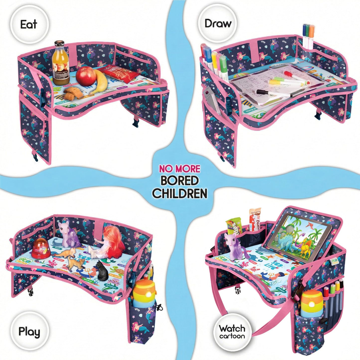 ECOFANTASY Kids Travel Tray - Waterproof Lap Table with No-Drop Large Tablet Holder - Car Seat Tray - Road Trip Essentials Kids - Car Desk Organizer for Airplane - Toddler Travel Essentials(MERMAID)