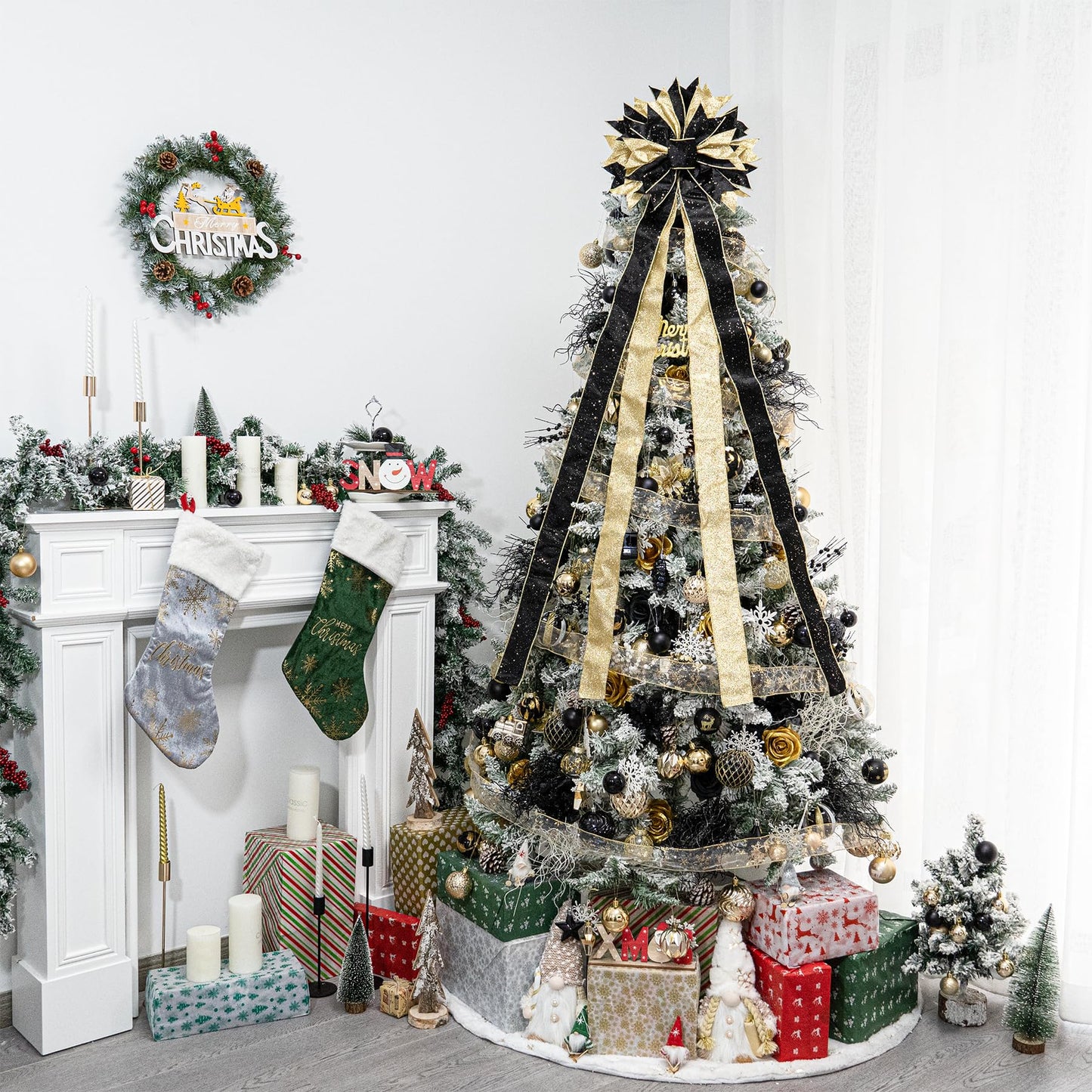 Hismir Christmas Tree Topper Bow, 53x13 Inches Large Christmas Bow with Glitter Streamer, Decorative Ribbon Bows for Xmas Tree Wreath Door Festival Home Decor(Black & Gold)