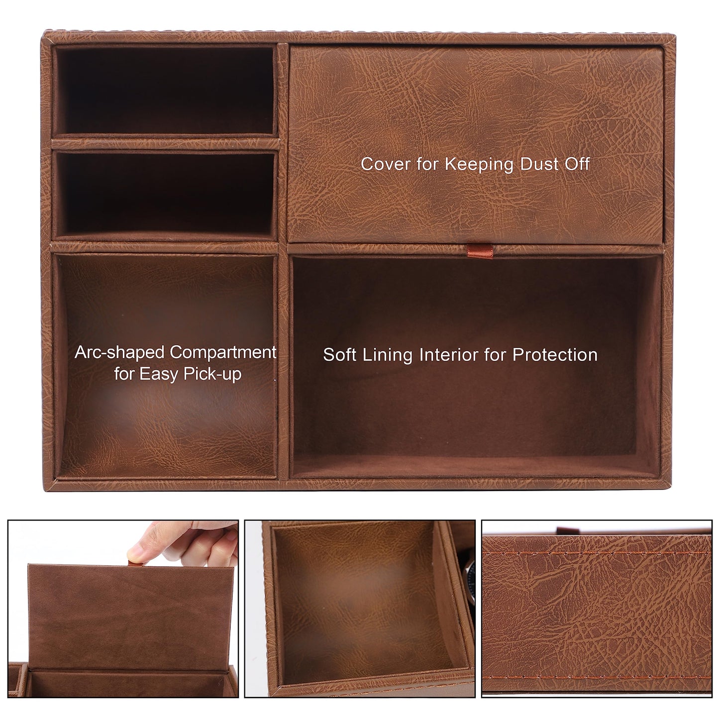 Zcaukya Men's Valet Tray, Jewelry Box Nightstand Organizer with 5 Compartments for Phone Keys Wallet Watch Glasses, Faux Leather Dresser Entryway Catchall Holder for Father's Day Gift (Brown)