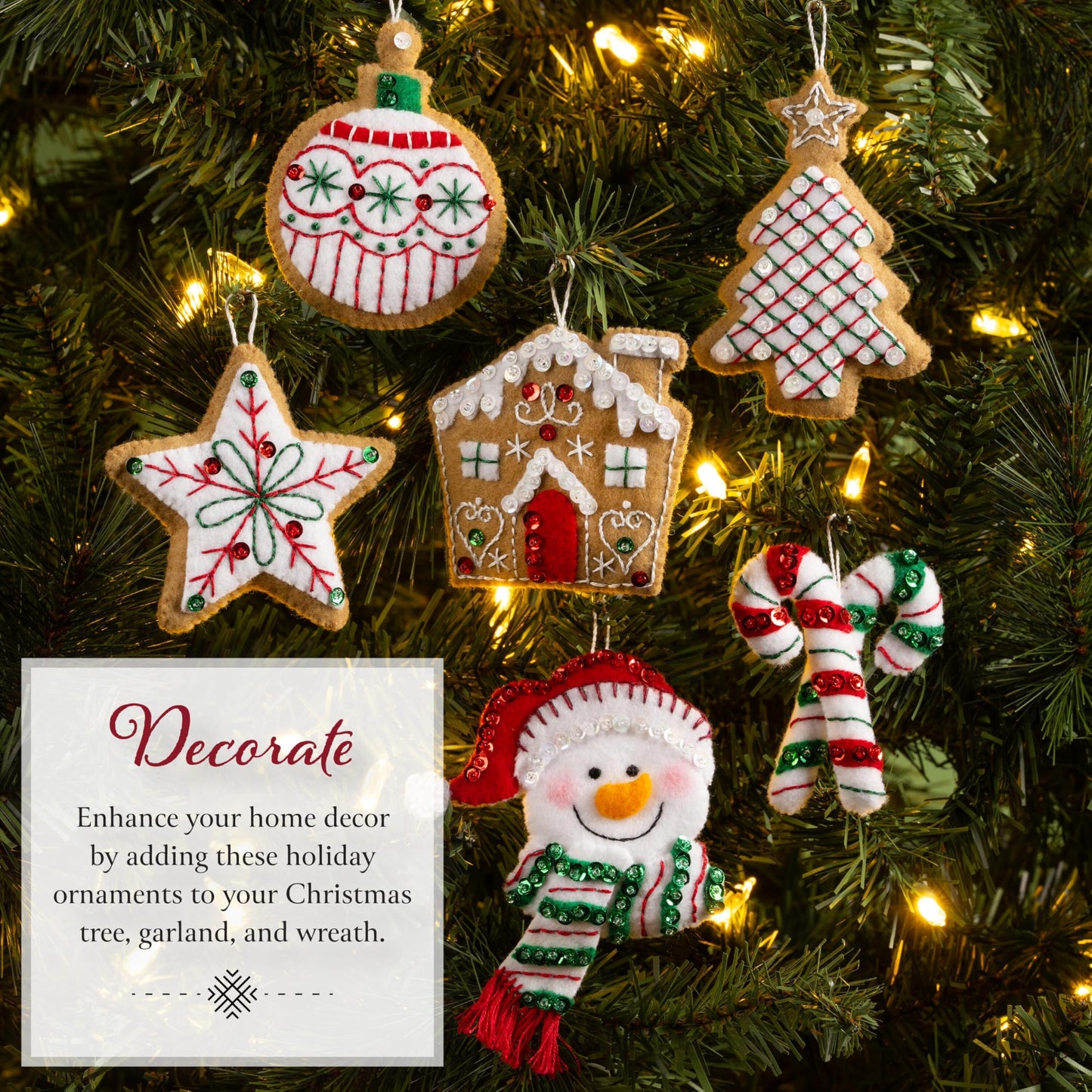 Bucilla Felt Applique 6 Piece Ornament Making Kit, Jolly Gingerbread Snowman, Perfect for DIY Arts and Crafts Projects