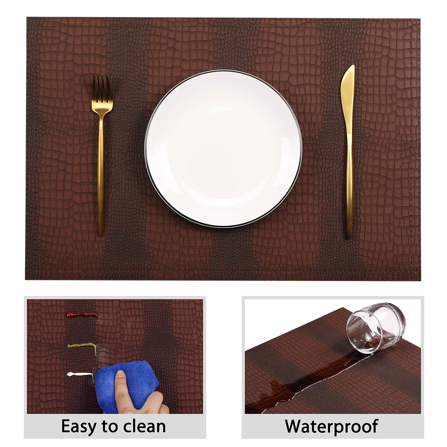 Faux Leather Placemats, PU Table Mats, Waterproof, Stain Resistant, Heat Resistant, Non-Slip Easy to Clean for Kitchen Dining Table, Conference Table, Brown