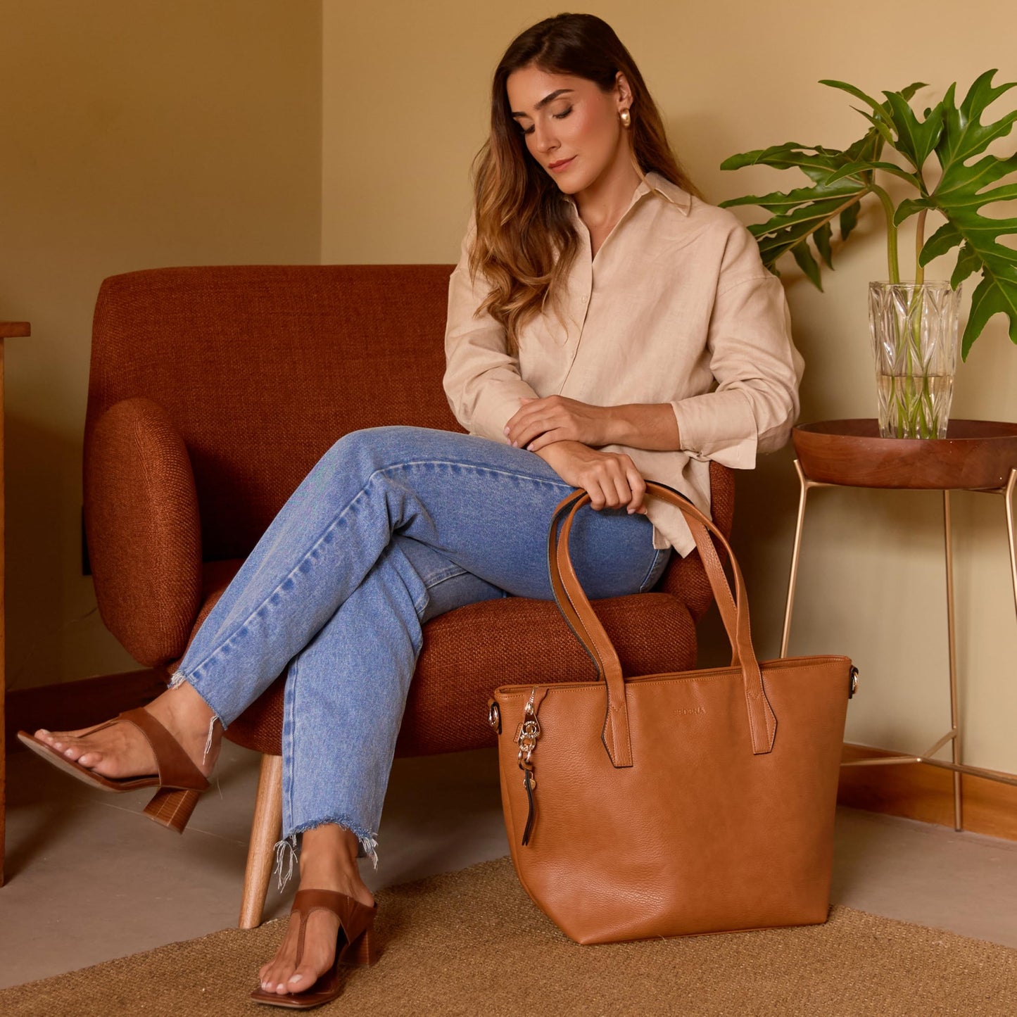 sedena Women’s 16” Laptop Tote Bag – Brown Vegan Leather Work Bag with Cupholder, RFID Pockets, Anti-Pickpocket Zipper, Travel Tote with Trolley Sleeve & Detachable Laptop Sleeve