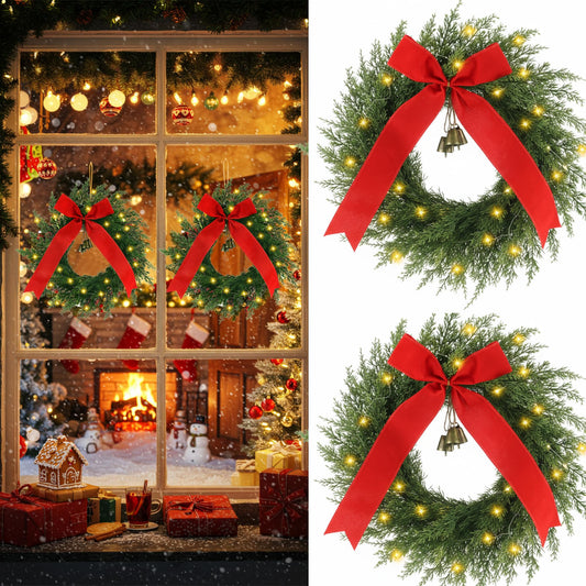 2 Pcs 20 Inch Pre-lit Christmas Cedar Wreaths with Bow Bells Artificial Norfolk Pine Lighted Xmas LED Christmas Swags Wreath for Indoor Outdoor Windows Porch Wall Home Decor