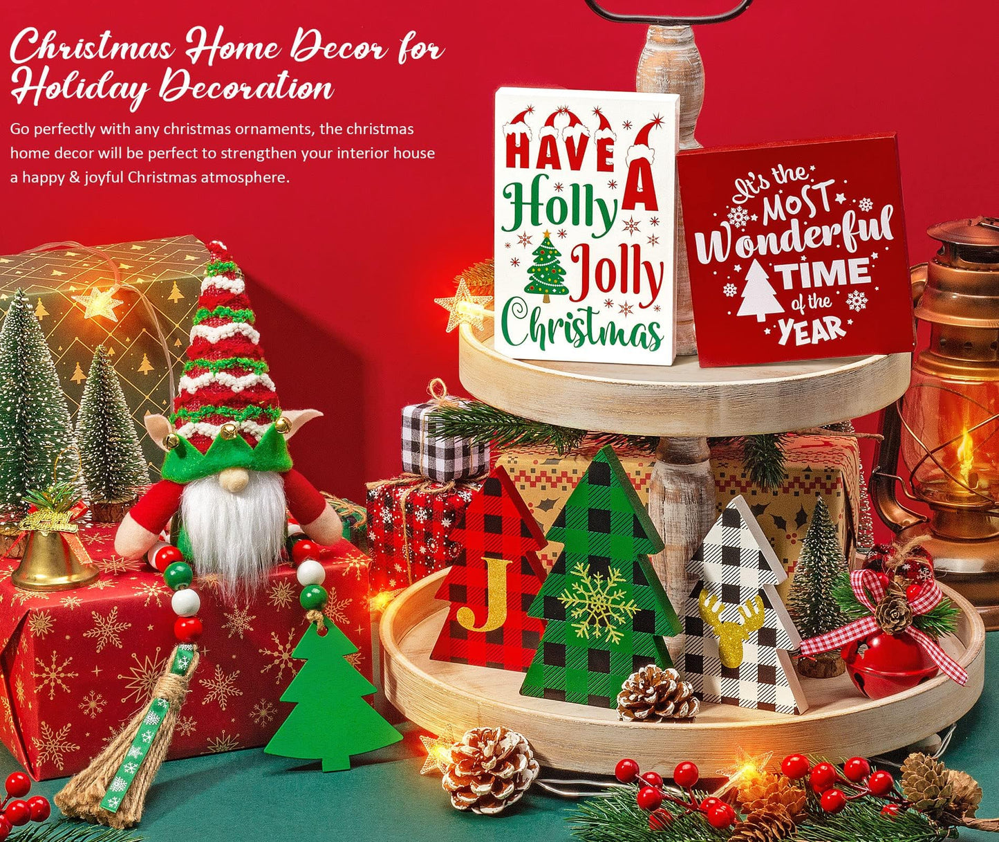 Farmhouse Christmas Tiered Tray Decor - 10 PCS Set with Wooden Signs & Gnome Plush - Kitchen Table, Mantel, Party