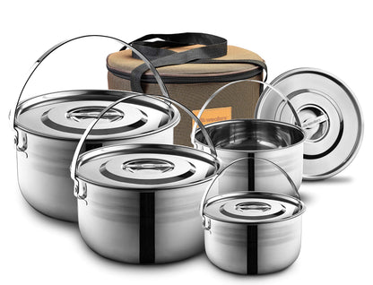 Camping Cookware Set - Compact Stainless Steel Campfire Cooking Pots and Pans | Combo Kit with Travel Tote Bag | Rugged Outdoor 4 Pc Cook Set for Hiking | Barbecues | Beach | Hiking Gear