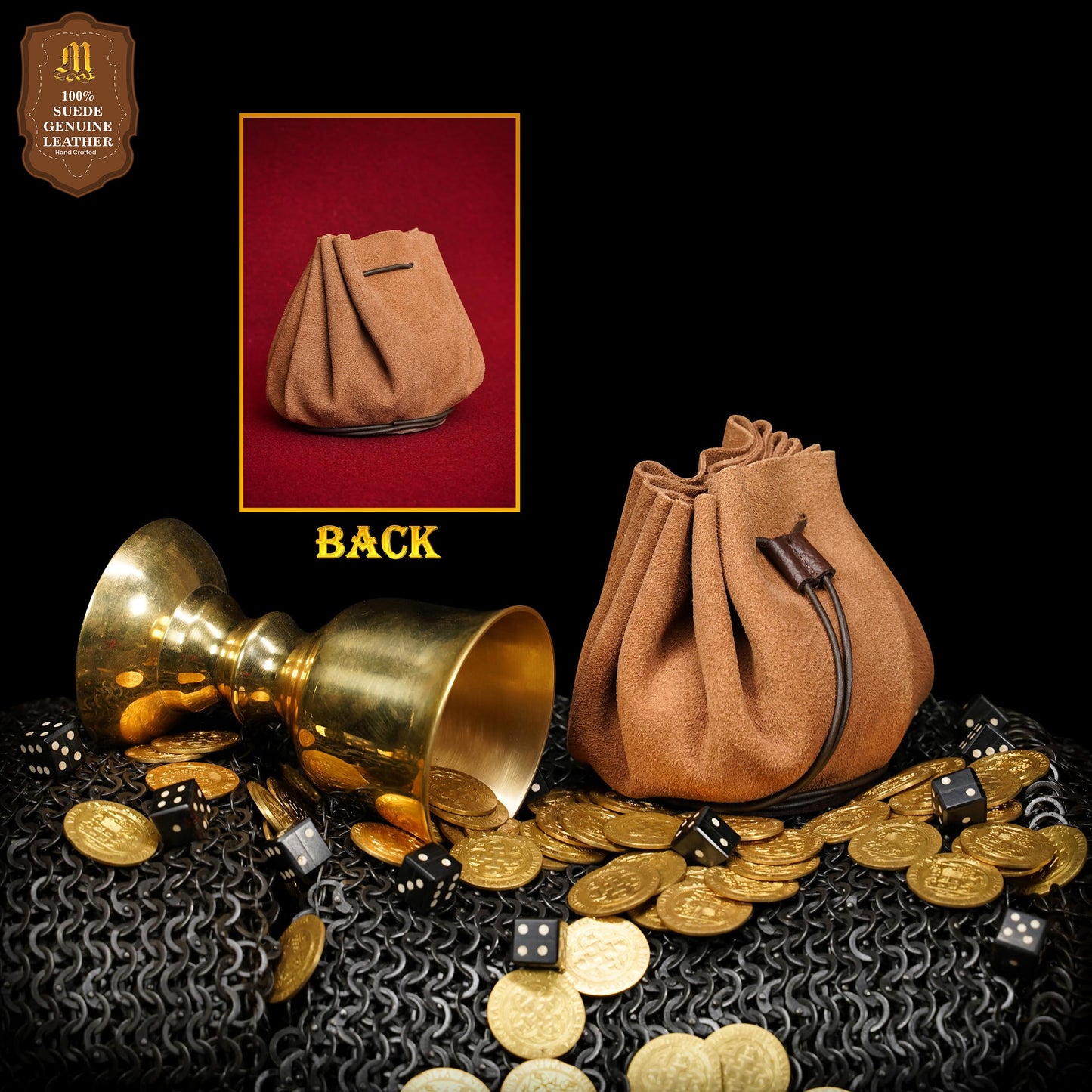Mythrojan medieval leather pouch suede drawstring belt bag for larp, viking, renaissance cosplay, coin & jewelry waist purse- brown, 4.9"x3.5"