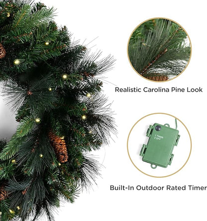 Papyrus 24" Pre-Lit Carolina Pine Artificial Wreath, Pine Cones, Warm White Light, Battery Powered, Indoor/Outdoor