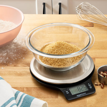 Amazon Basics Digital Kitchen Scale with LCD Display, Batteries Included, Weighs up to 11 pounds, Black and Stainless Steel
