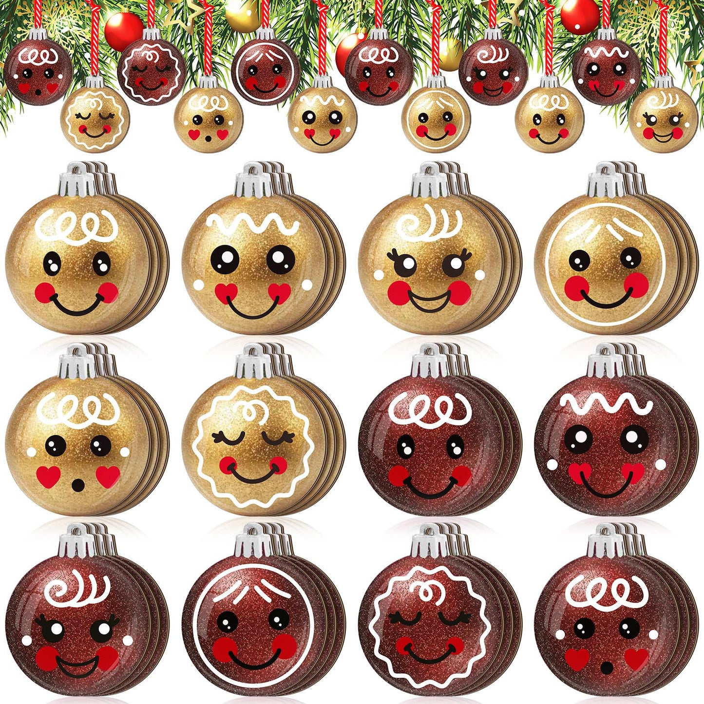 Wonderjune 36 Pcs Christmas Gingerbread Face Ornaments Wooden Gingerbread Tree Decoration Glitter Red Gold Christmas Hanging Ornaments Smile Wood Hanging Pendants for Xmas Tree Party Holiday Decor