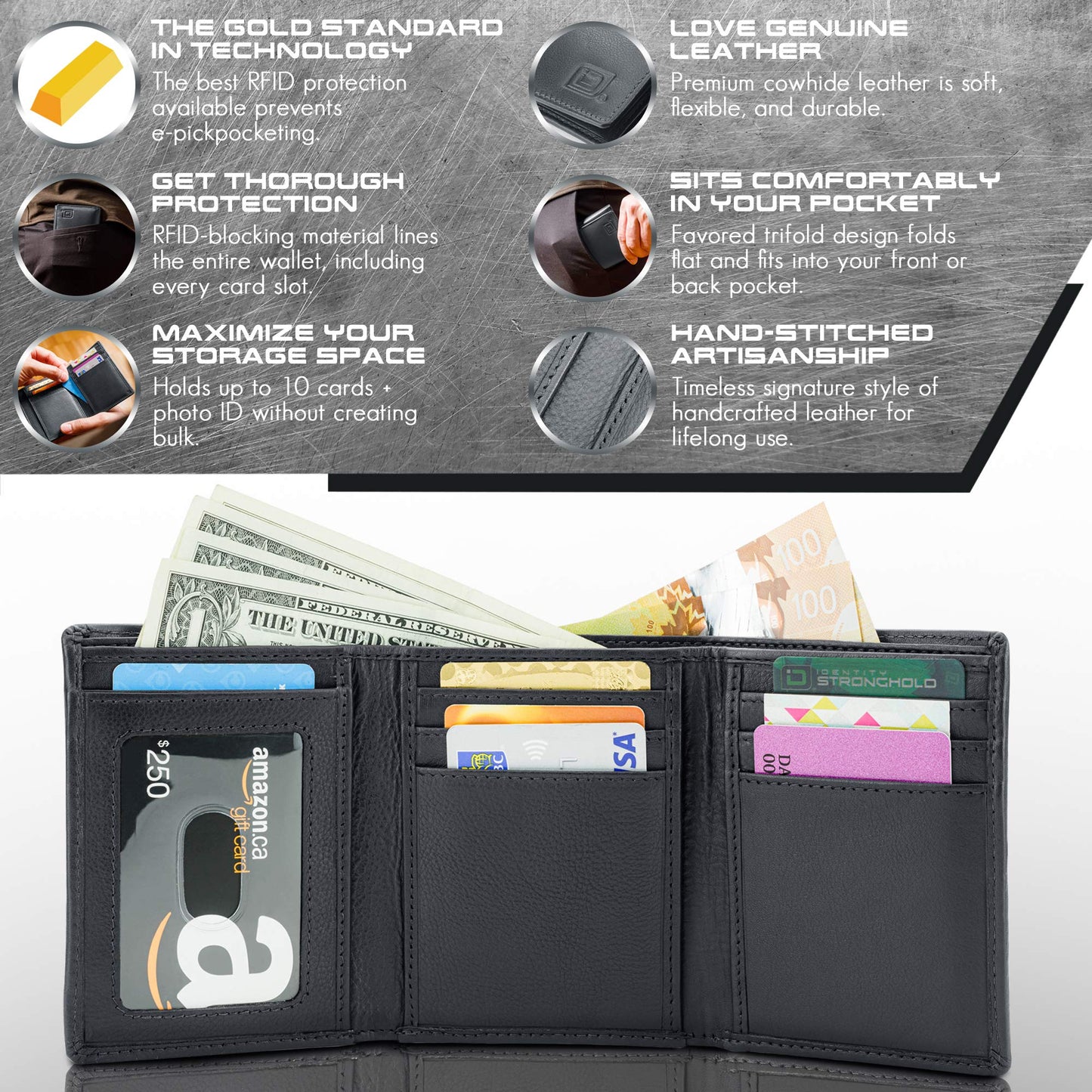 ID Stronghold Men's Leather Trifold Wallet - RFID Blocking - Black Wallet with Gift Box