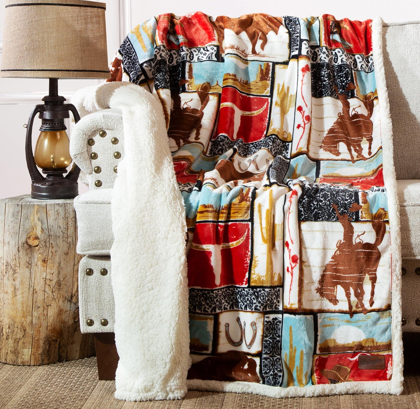 Carstens, Inc. Wrangler Ultra Premium Super Soft Plush Sherpa Fleece Oversized Throw Blanket 54" x 68", Vintage Western