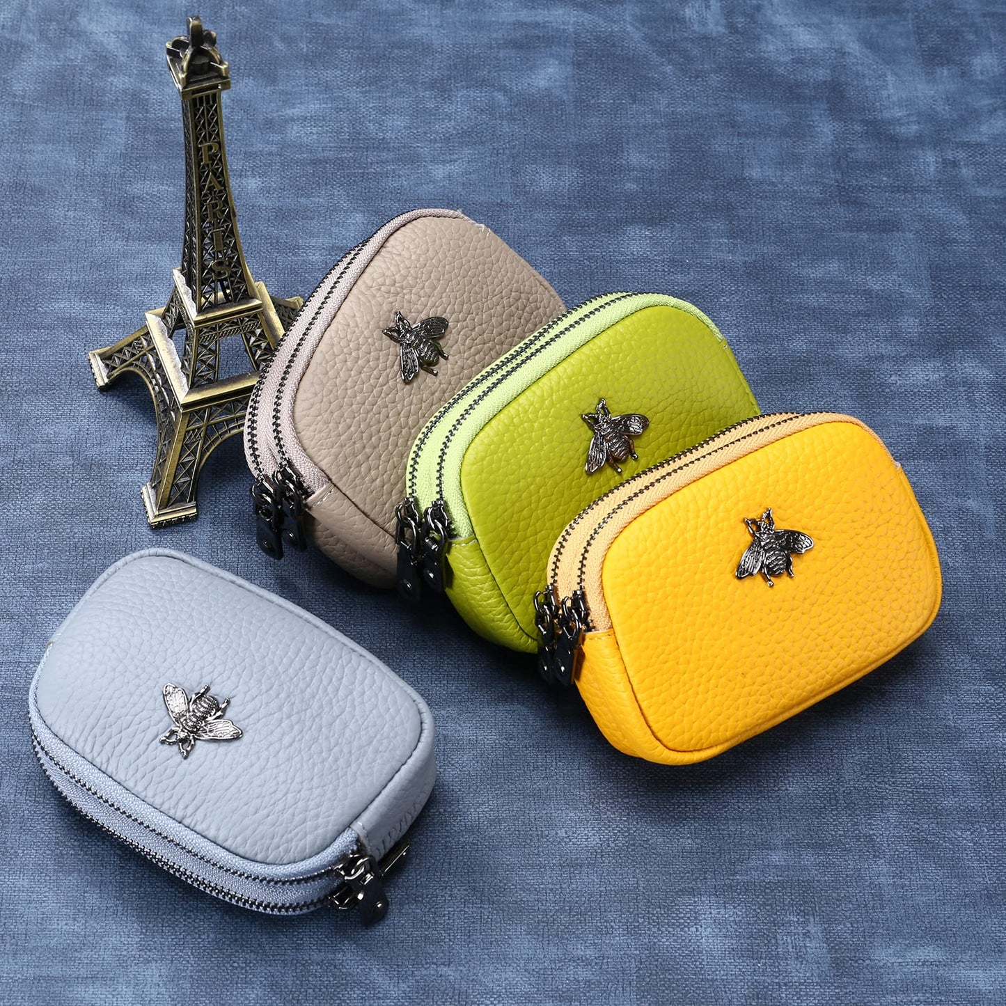 Yocipa Genuine Leather Coin Purse for Women Small Double Zipper Wallet Mini Change Pouch with Bee Charm for Cash Cards Keys Cute Compact Organizer (Light Blue)