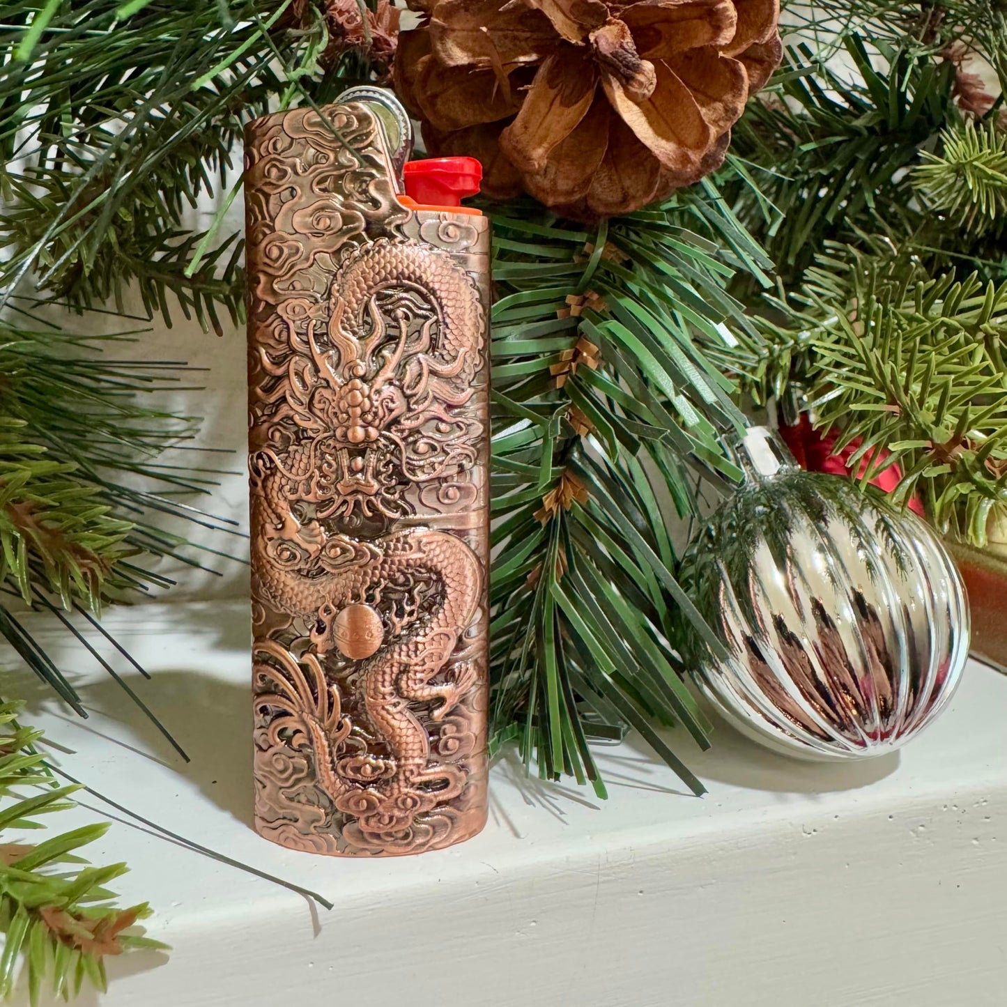 Metal Lighter Case Fits BIC Standard Full-Size J6 Lighter,Durable Holder Cover Compatible with BIC Dragon and Clouds Design in Bronze or Rose Gold (Rose Gold)