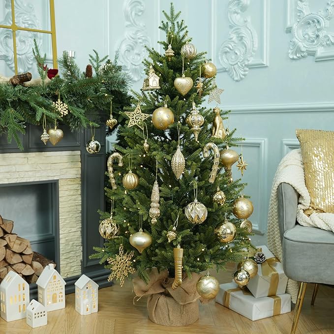 SHareconn 145pcs Christmas Balls Ornaments Set, Shatterproof Plastic Baubles Snowflakes, Stars and Tree Topper for Xmas Tree Holiday Wedding Party Decorations with Hanging Strings, Dark and Light Gold