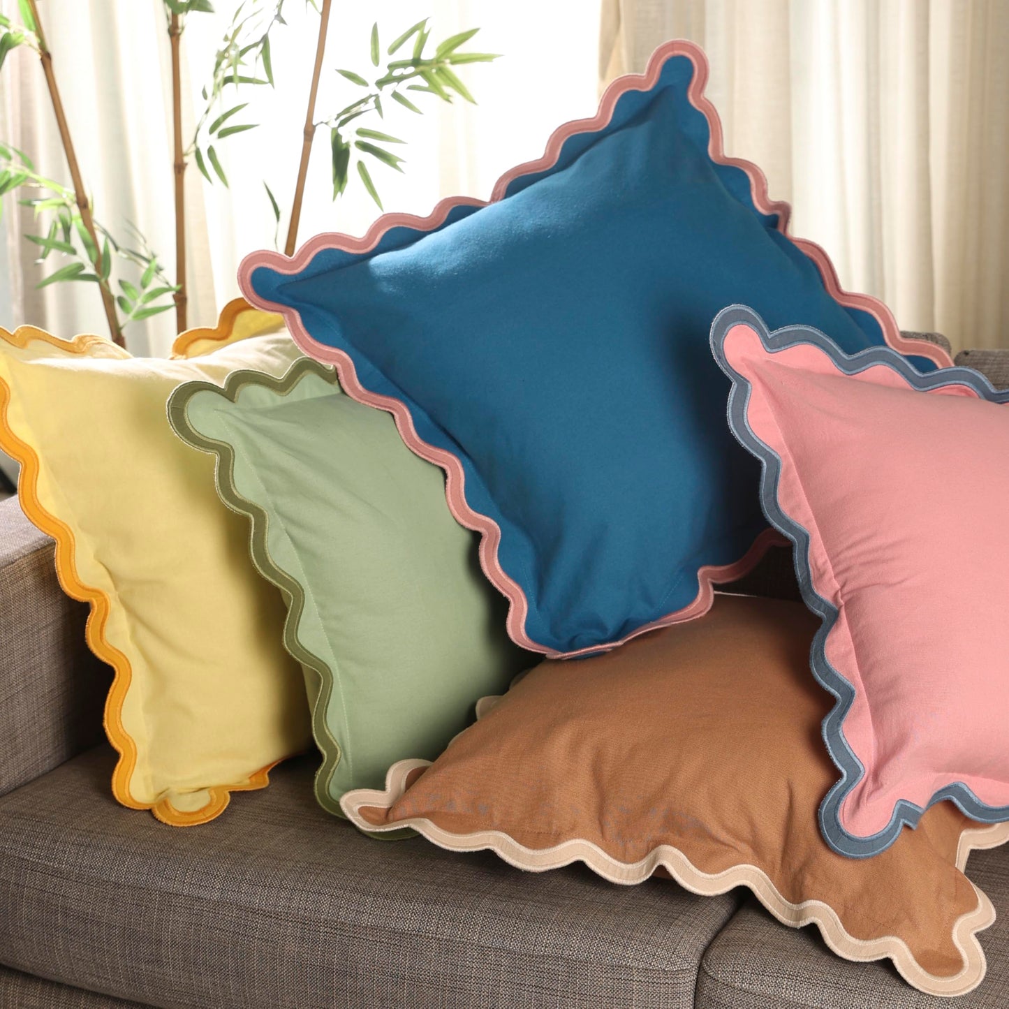 Folkulture Throw Pillow Covers 20x20 Set of 2 | Cotton, Boho, Cute Sage Green Pillow Covers for Couch | Aesthetic, Preppy Scalloped Pillow Cover for Sofa Living Room| Decorative Spring Pillow Cover