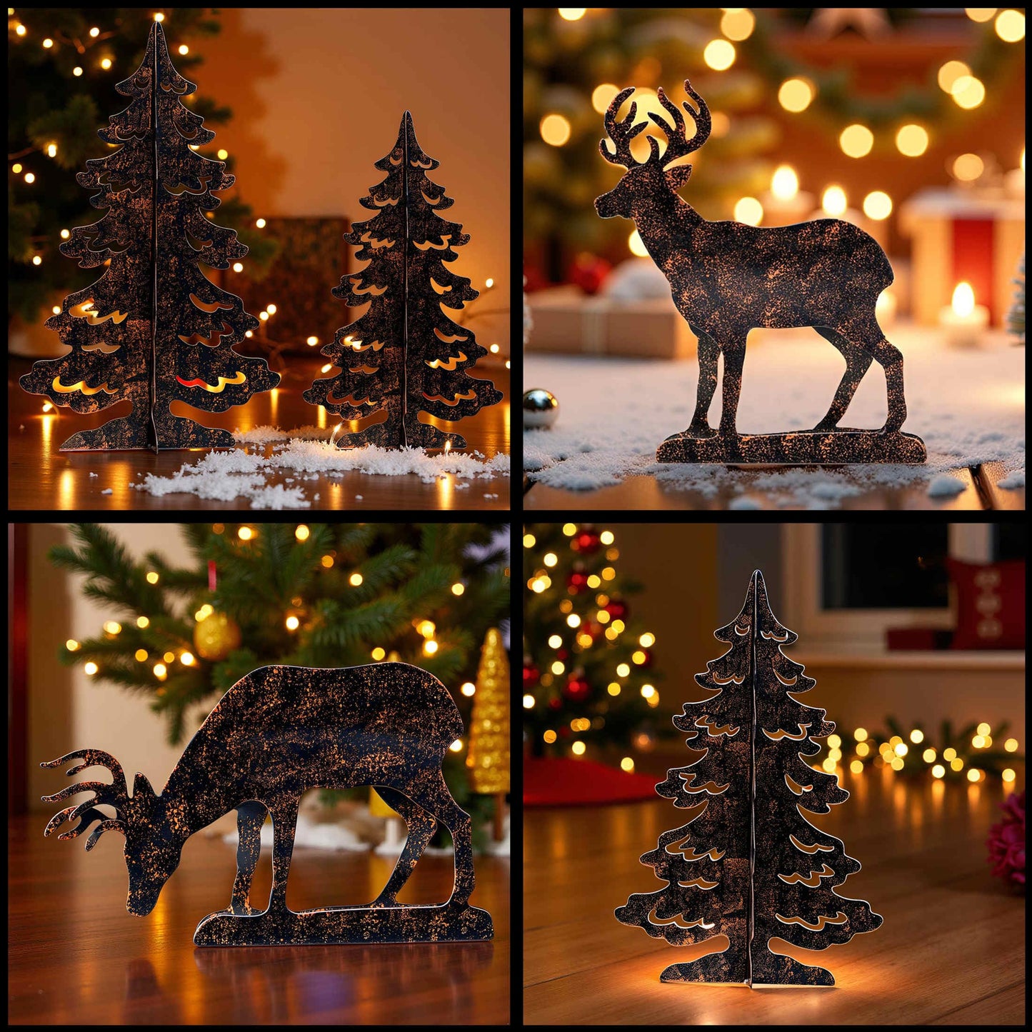 YULETIME 4-Piece Metal Christmas Reindeer and Tree Scene Silhouette Set, Winter Forest Deer & Spruce Landscape Holiday Tabletop Ornament