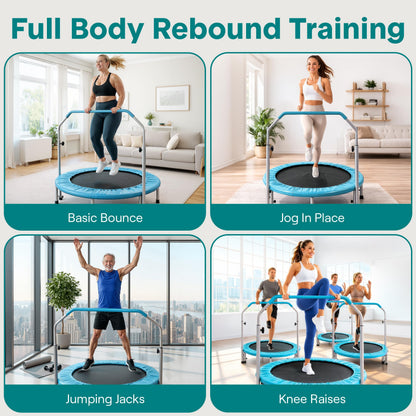 SereneLife 40" Foldable Mini Trampoline - Compact Fitness Trampoline for Kids Adults, Exercise Rebounder with Adjustable Foam Handle, Indoor/Garden Workout Equipment, Max Load 200 lbs, Sky Blue