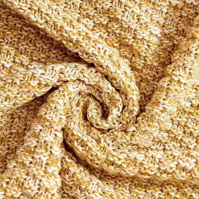 Longhui bedding Gold Knitted Throw Blanket for Couch, Soft, Cozy Machine Washable 100% Cotton Sofa Blanket, 60”x80”, Mustard Yellow and White, Laundry Bag Included