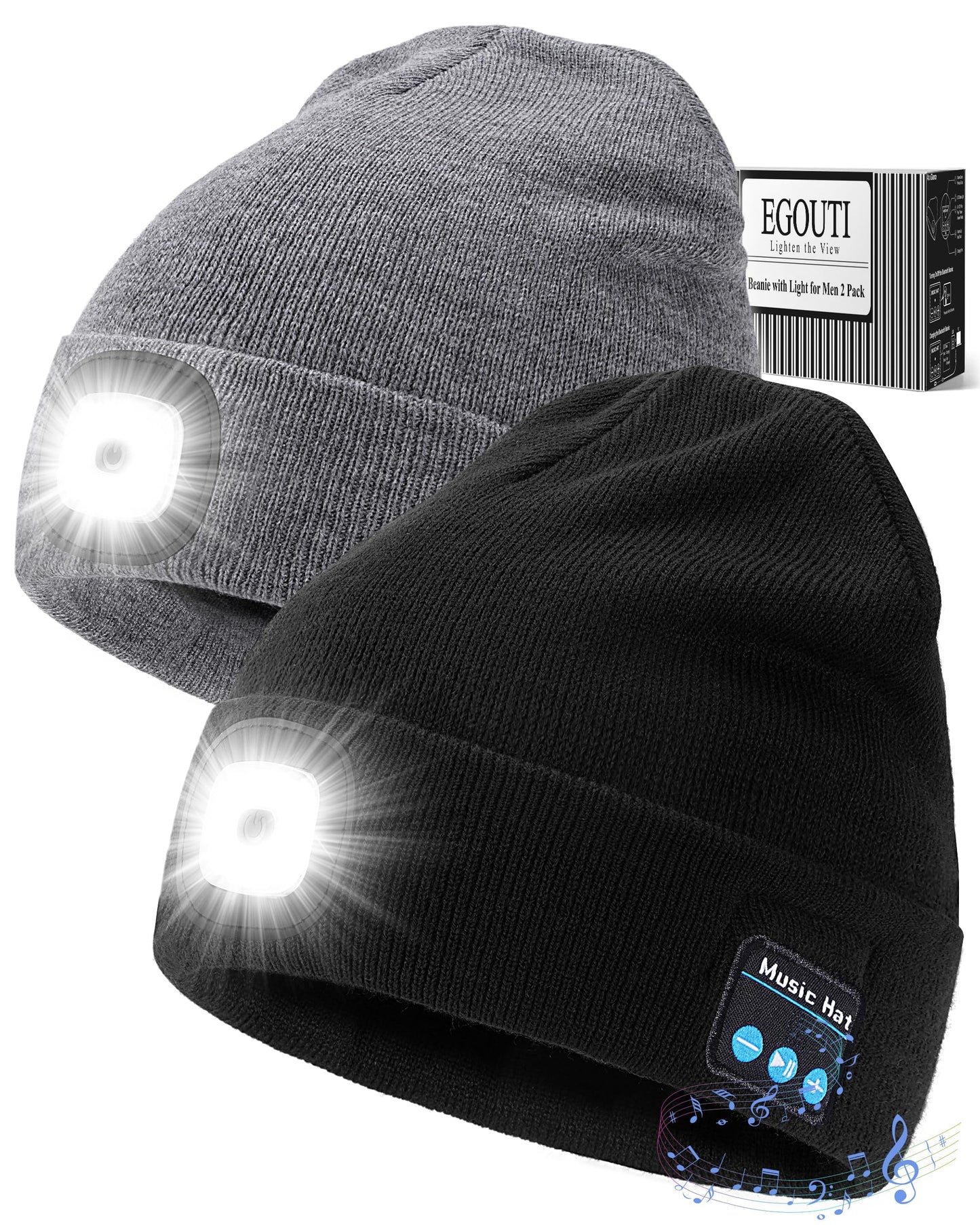 Bluetooth Beanie Hat with Light for Men 2 Pack, Rechargeable LED Beanie with Light, Headlamp Cap Wireless Headphones Built-in Speaker Mic for Teens Stocking Stuffers for Men(Back+Grey)