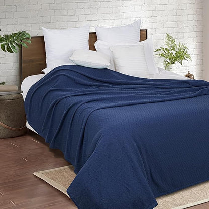 BELIZZI HOME 100% Cotton Bed Blanket, Breathable Thermal Blanket King Size, Soft Chevron 90''x102'', Perfect for Layering Any All Season, Navy Blue