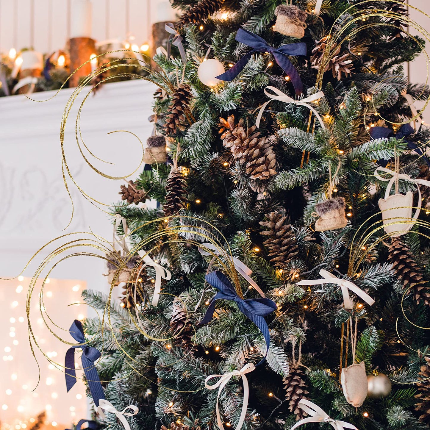 MTLEE 6 Pieces Glitter Gold Christmas Tree Picks and Sprays Decorative Stem Picks Sprays Branches Vase Filler Curly Ting Ting Branches for Christmas Tree Wreath Craft Home Garden Decorations