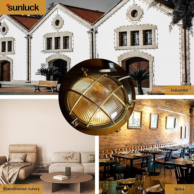 Sunluck Brass Bulkhead Light Grid Round Nautical Wall Lampshade,Ceiling Mount,Sauna Light Waterproof IP54,Rust Resistant,Decoration Cafe,Bar,Porches,Patios,Restaurants