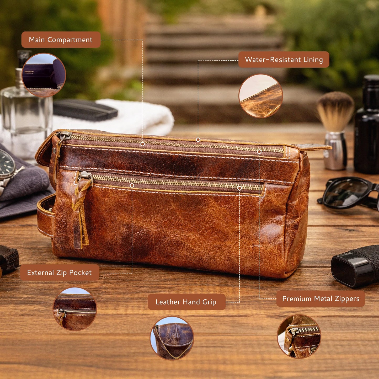 DEBKIN FOCUS Premium Top Grain Buffalo Leather Toiletry Bag for Men, Fathers Day Gift for Dad, Graduation Gifts for Men Him, Leather Shaving Bag, Gift for Birthday, Anniversary, Groomsmen, Husband