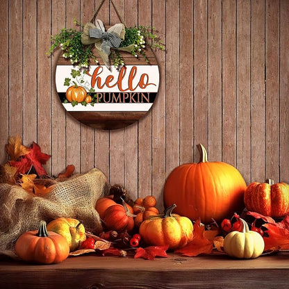 Hello Pumpkin Sign for Front Door Fall Rustic Harvest Hanging Sign With Bow and Wreath Thanksgiving Welcome Wood Sign Door Signs for Farmhouse Autumn Home Porch Wall Holiday 12 Inch