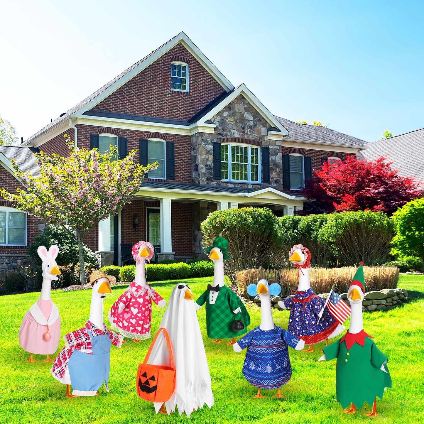 Silicherry 8 Set Holiday Porch Goose Outfits for 23" Summer Fall Halloween Ghost Thanksgiving Christmas All Season Bundle Cement Goose Clothes Costume for Lawn Garden Patio Outdoor Decor