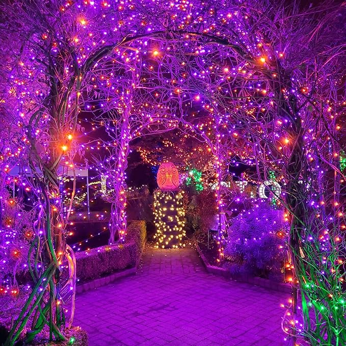 weillsnow Purple&Orange Halloween Lights, 200 LED 66Ft Plug in Waterproof Halloween String Lights, 8 Modes with Memory for Outdoor Indoor Garden Halloween Christmas Decorations (Orange&Purple, 66FT)