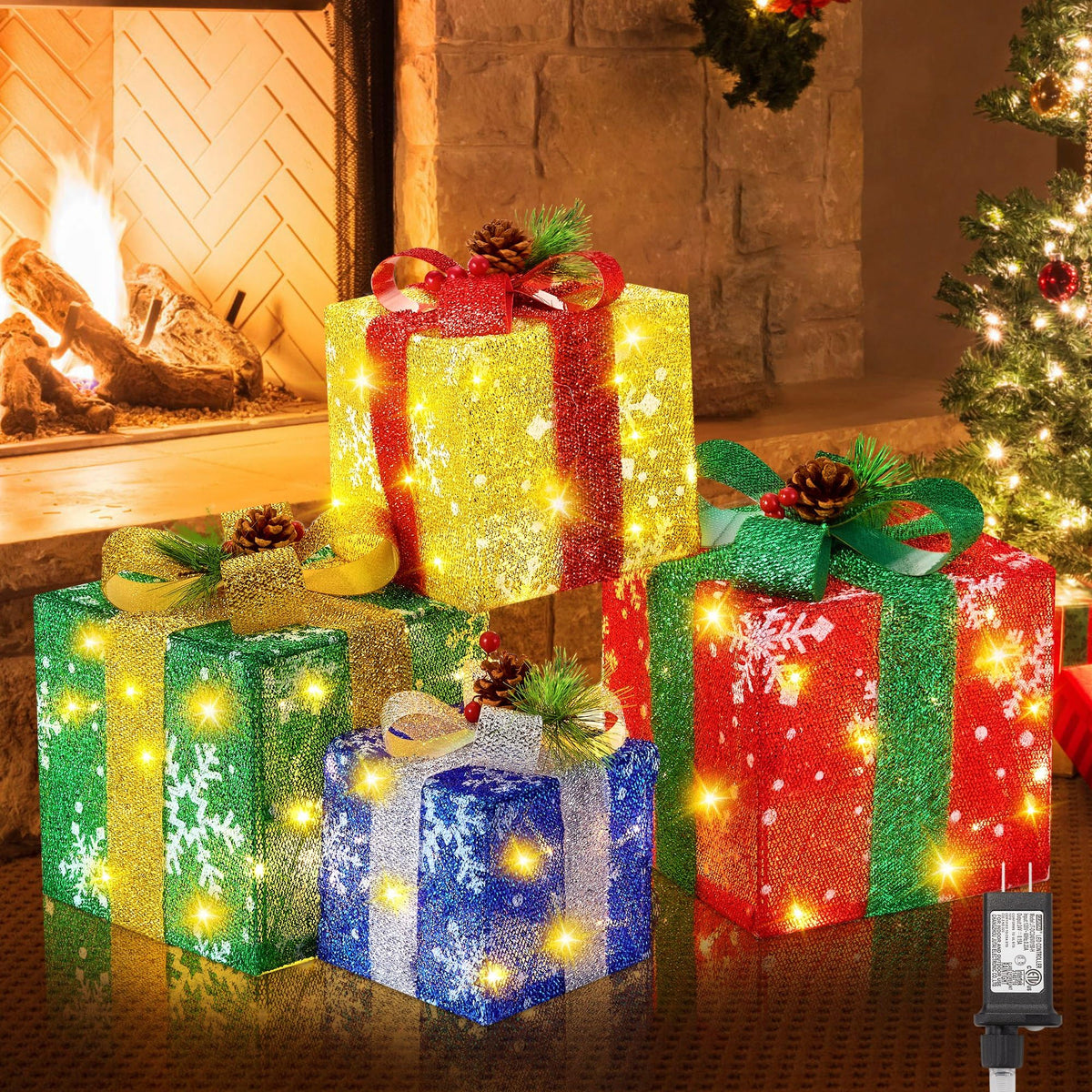Set of 4 Christmas Lighted Gift Boxes with Plug, Pre-lit LED Light Up Present Boxes for Xmas Tree Porch Decor, Christmas Decorations Indoor Outdoor