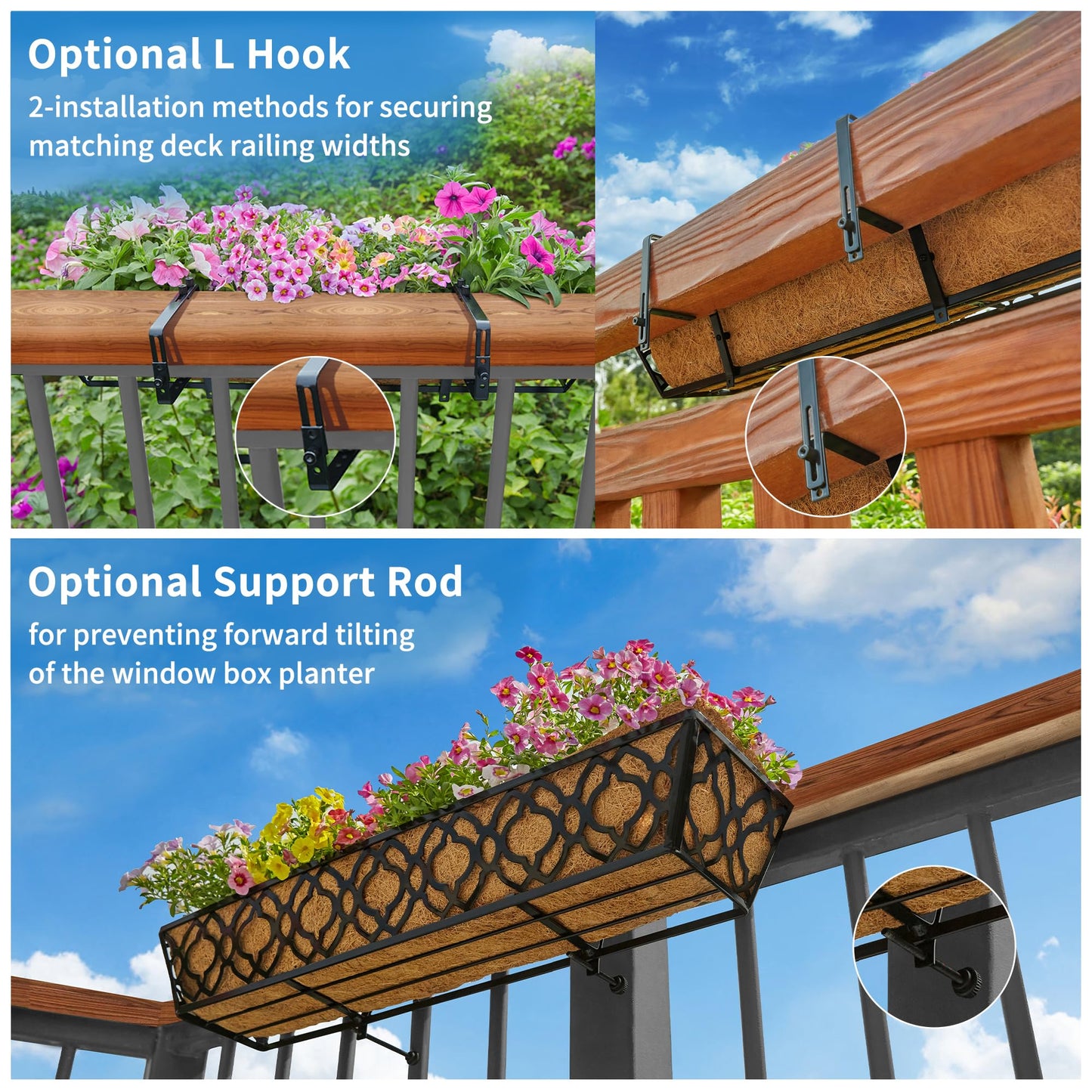 LAWYAMAI 2pcs 24 Inch Window Deck with Coco Liner, 24" Window Boxes Horse Trough with Coconut Coir Liner, Metal Hanging Flower Planter Window Basket Deck Railing Planter Boxes for Outdoor Indoor Lawn