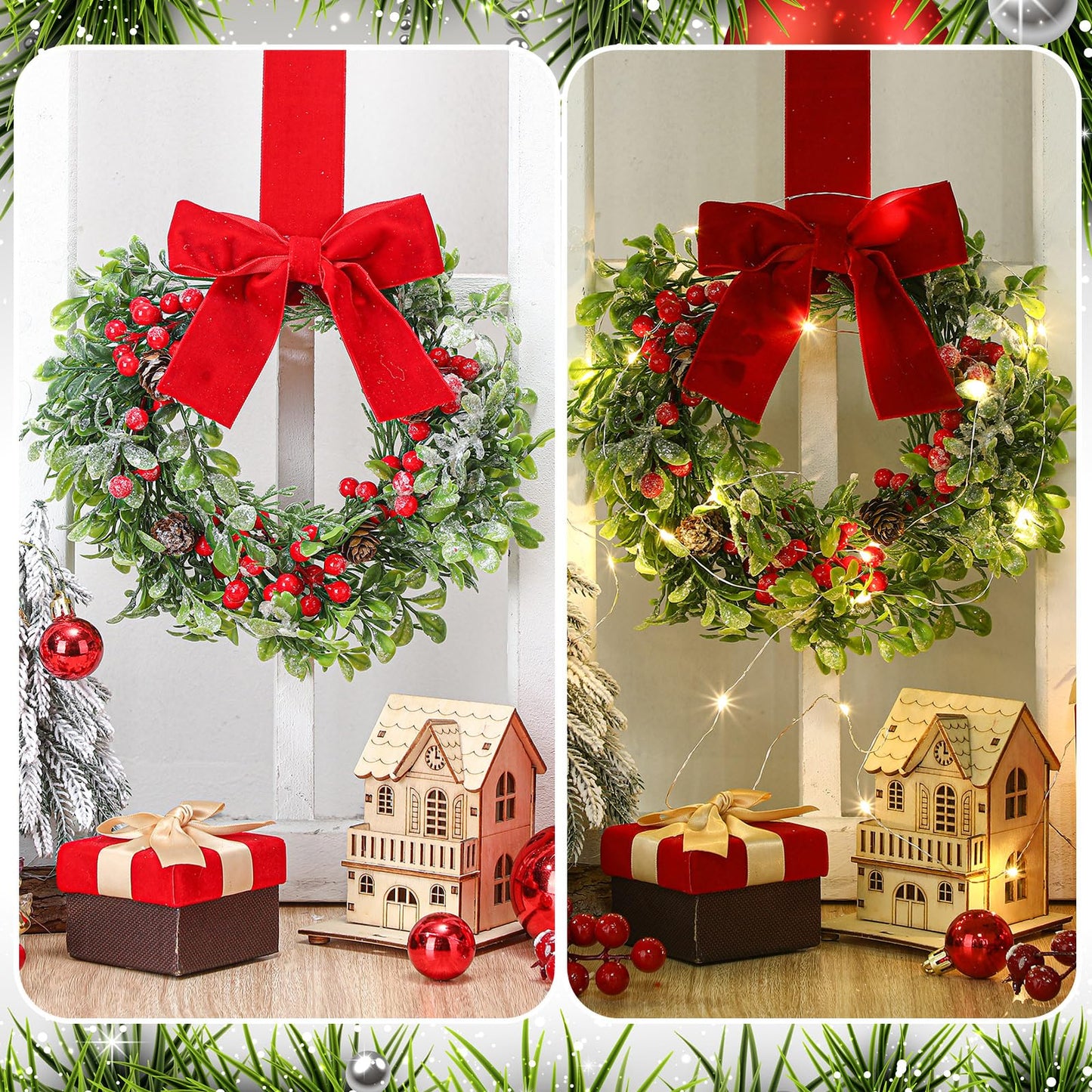 Thiccywoov 2 Pcs 9 Mini Christmas Wreath for Front Door Christmas Artificial Red Berries Parasitic Leaf Winter Wreath for Cabinet Wedding Window Home Wall Indoor Decor