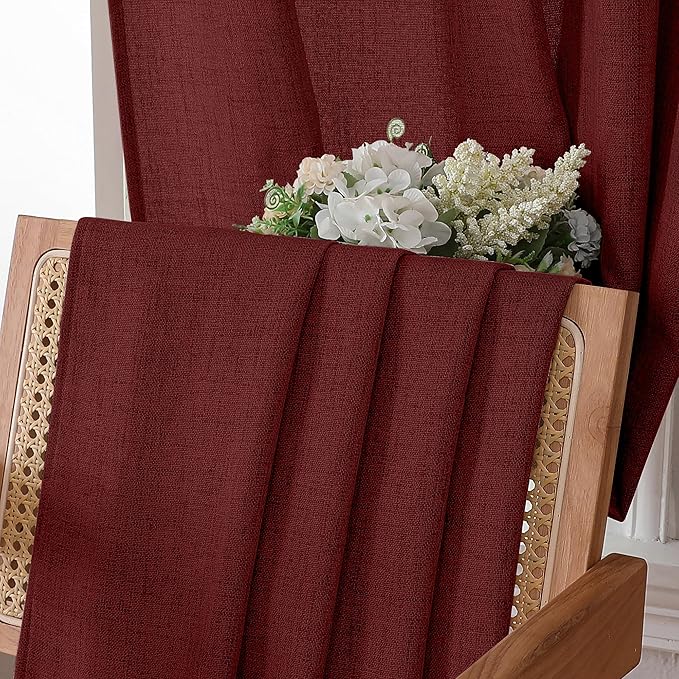 Tollpiz Linen Curtain Living Room Rod Pocket Semi Sheer Curtains Burlap Light Filtering Thick Linen Drape for Bedroom, 54 x 72 inches Long, Burgundy Red, Set of 2 Panels