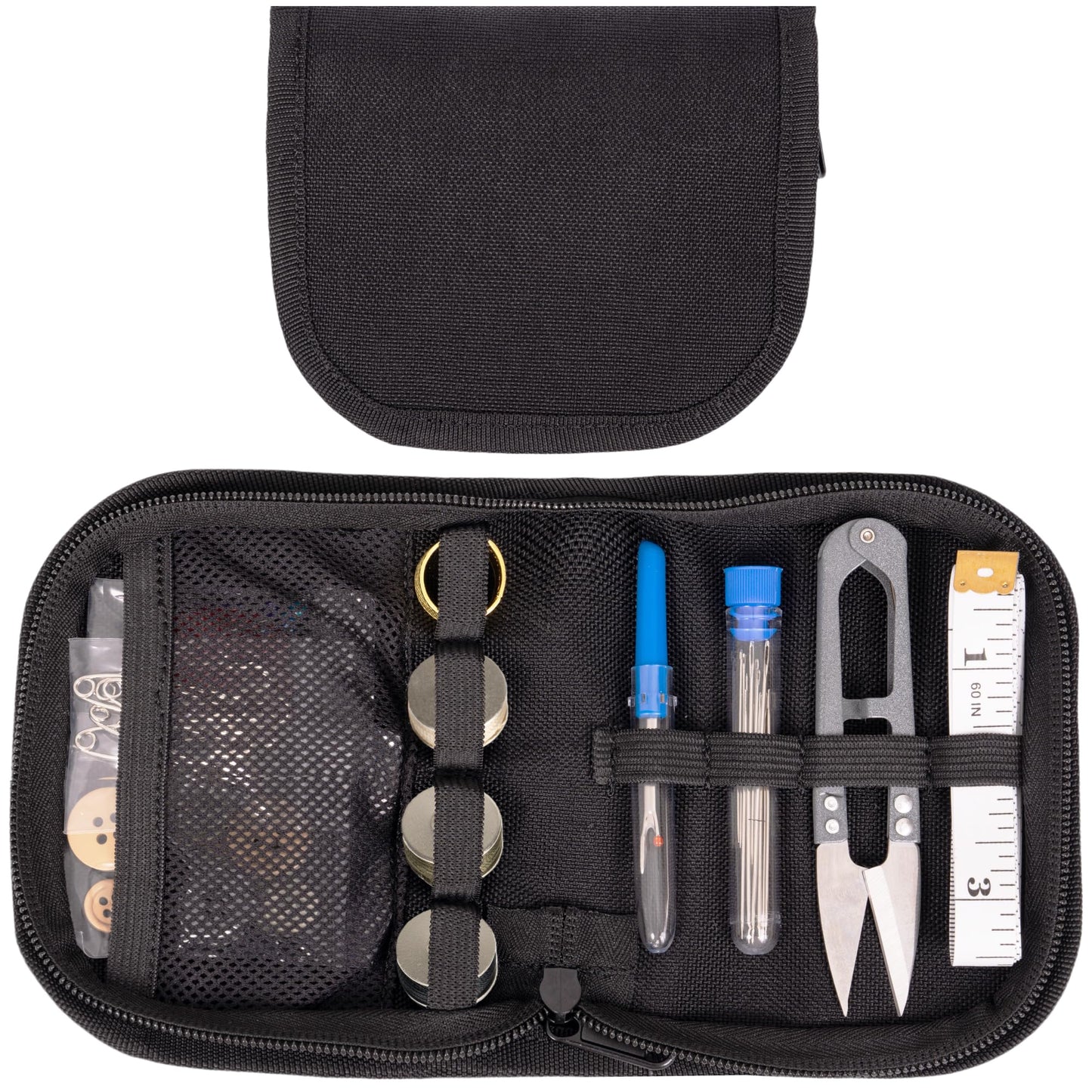 Military Sewing Kit, Army Survival Sewing Kit with Buttons for Men, Women, Small Repair Sewing Tools with Zipper in Nylon Case for Adults Basic for Home, Outdoor, Tactical EDC Sew Kit (Black, 1 Pack)