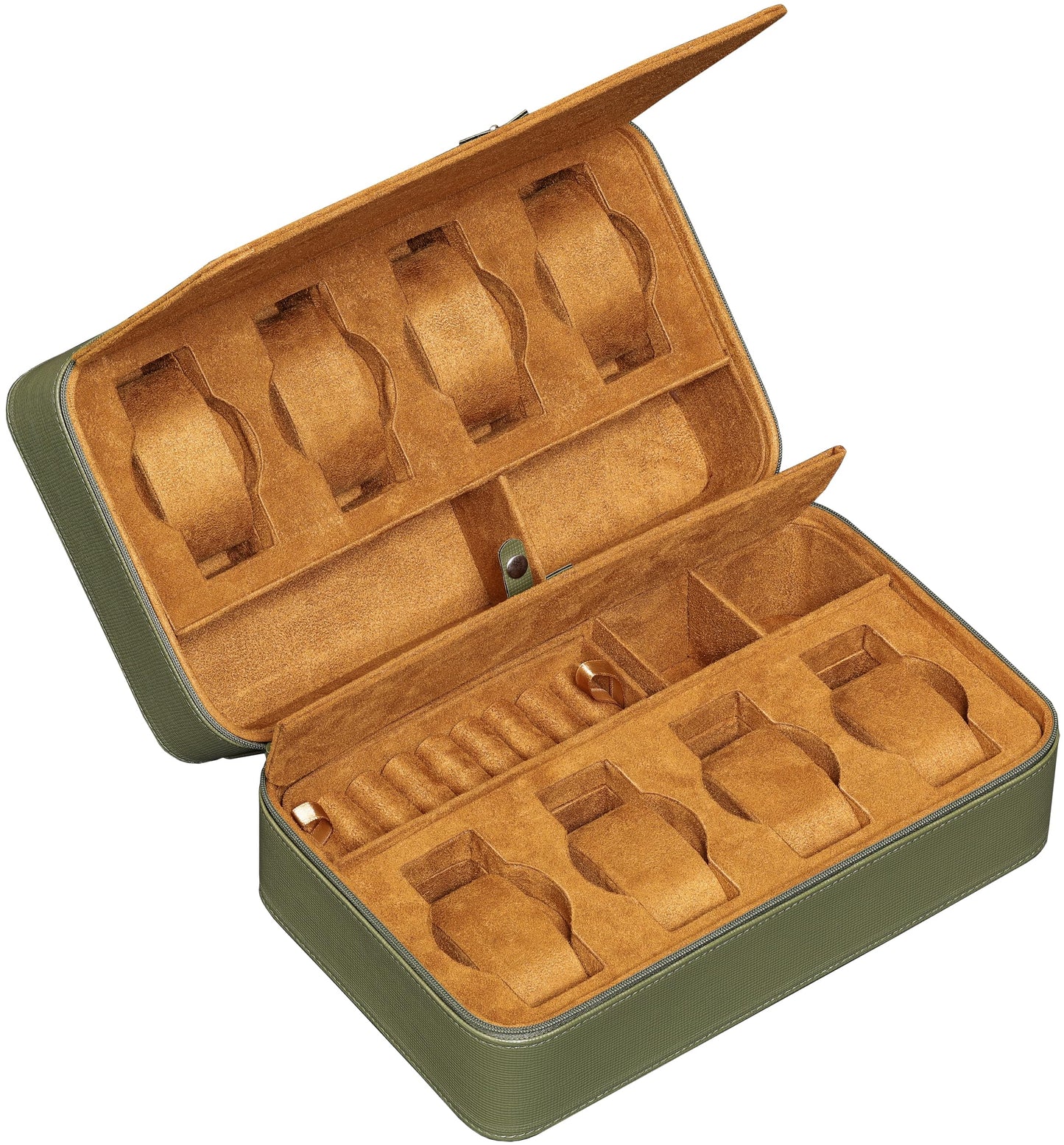 ROTHWELL 8 Watch Travel Case Storage Organizer for 8 Watches, Sunglasses, Rings & Cufflinks |Tough Portable Protection with Zipper Fits Most Wristwatches & Smart Watches Up to 50mm (Green/Tan)