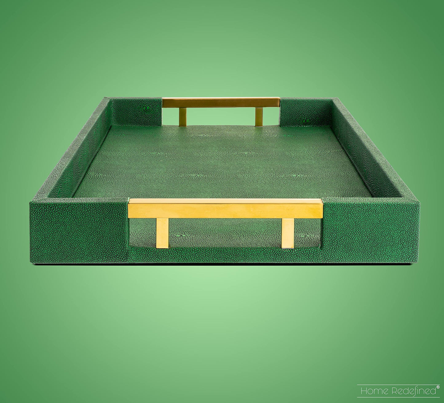 Modern Elegant 17.5"x12" Rectangle Emerald Green Shagreen Faux Leather Decorative Tray Ottoman Coffee Table Perfume Living Room Kitchen Serving Tray with Gold Polished Metal Handles for All Occasion's