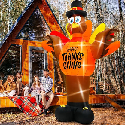14FT Thanksgiving Turkey Inflatables, Extra Large Blow Up Thanksgiving Turkey Wearing Pumpkins, Pre-lit Happy Thanks Giving Outdoor Inflatable Decorations