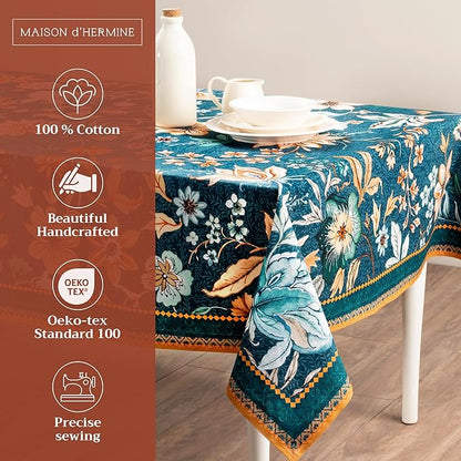 Maison d' Hermine Table Cloth Rectangle Table 100% Cotton 70 x 108 Inches Fall Tablecloth Reusable Everyday Use for Thanksgiving Christmas Decorations Dining Farmhouse Party (Luxury Loft - Dark Teal)
