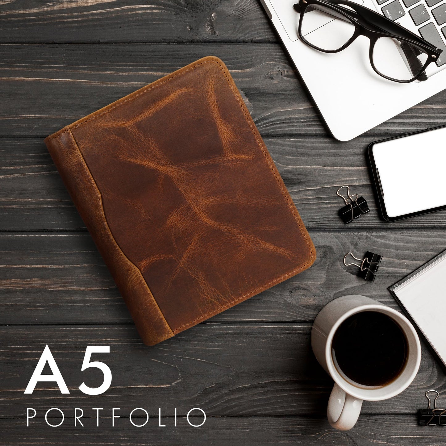 ELIZO Leather A5 Portfolio Padfolio Folio A5 Notebook Journal Cover Planner Binder Small Mens Business Work Folder Organizer (Antique)