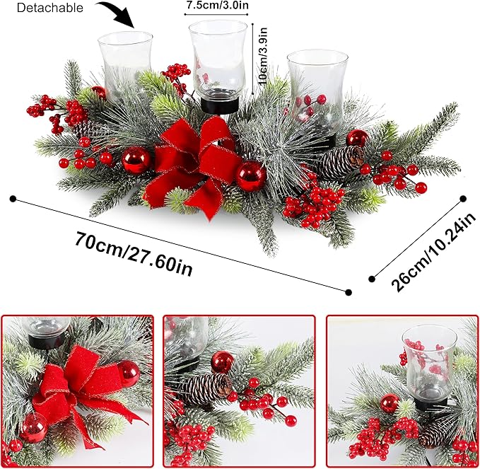 MOONET Red Christmas Table Centerpiece, Cedar with 3 Candlestick Glass Cup, Red Berry, Christmas Balls for Holiday Party, Home, Fireplace