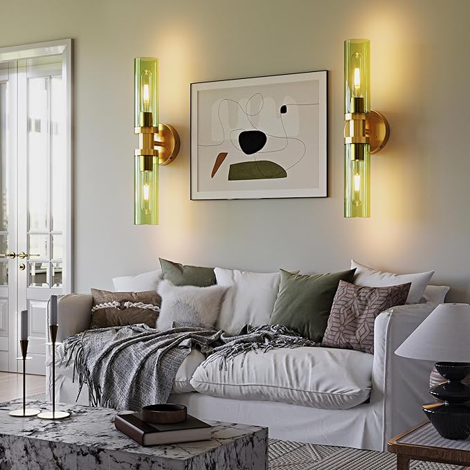Rechargeable Battery Wall Sconce Set of Two, 8000mAh Cordless, Dimmable, Timer, Remote, Touch Control, USB-C Charging for Living Room, Bedroom Gold with Green Lampshade (Include 4 Special Bulbs)
